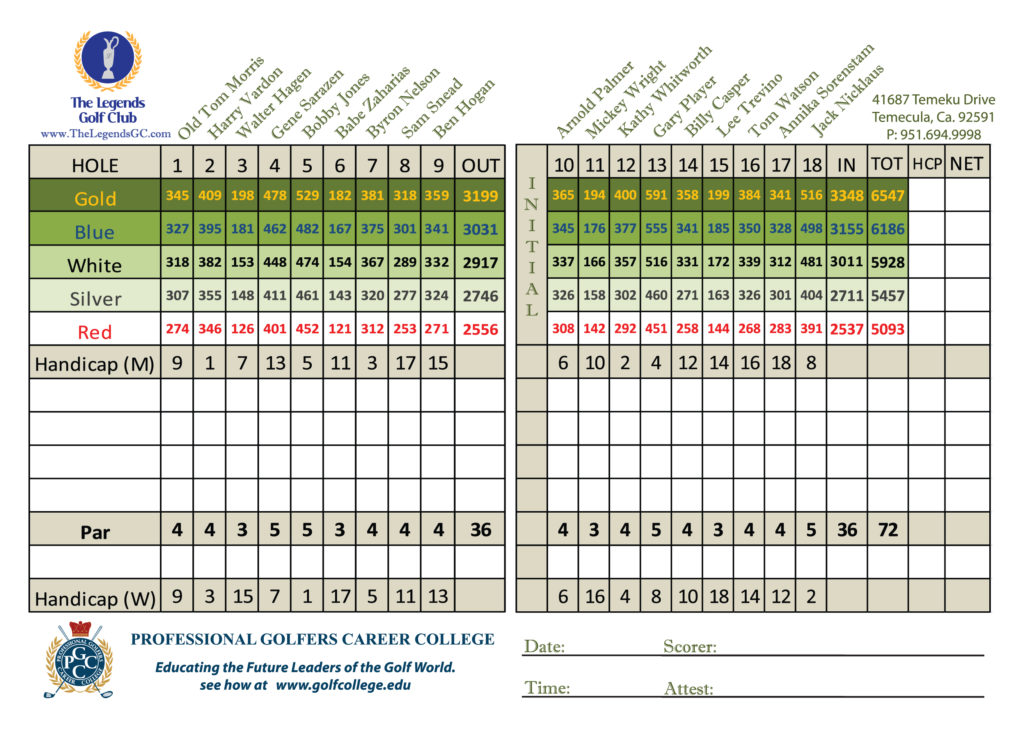 Scorecard The Legends Golf Club